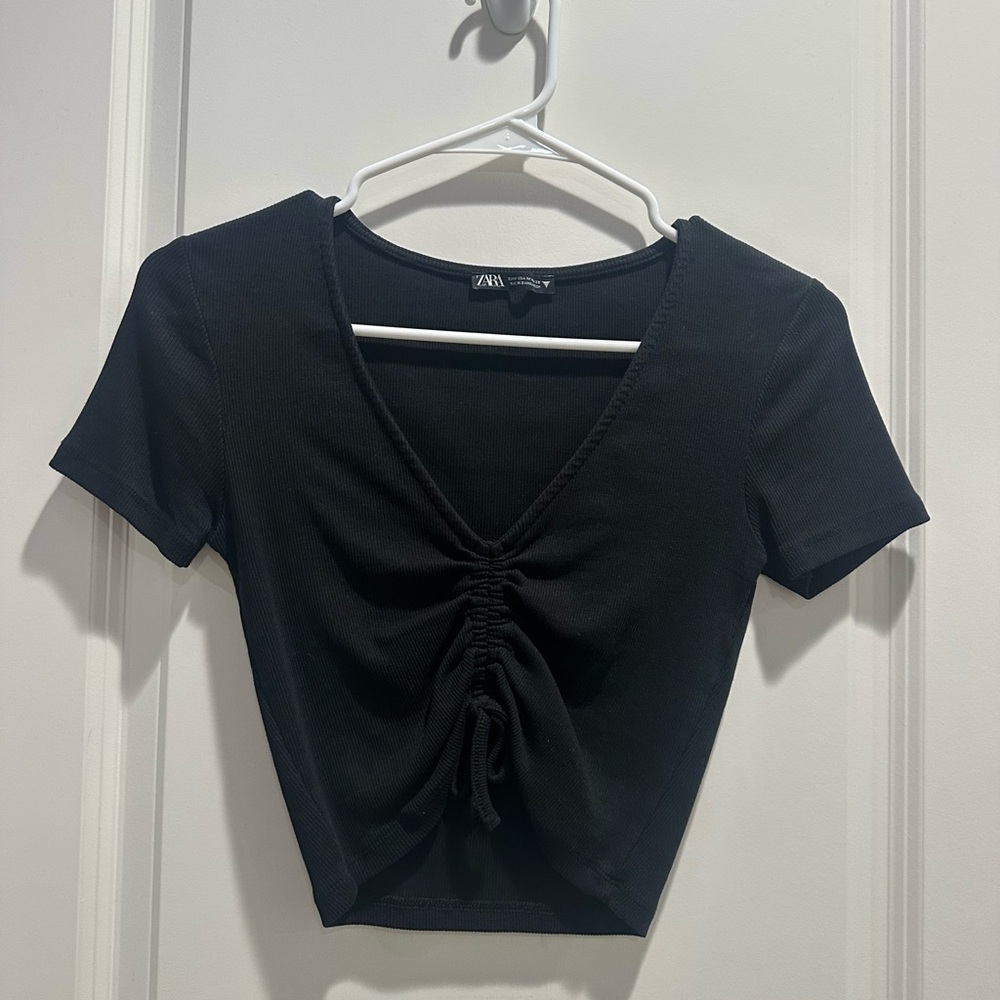 Zara Black Ruched Crop T-Shirt